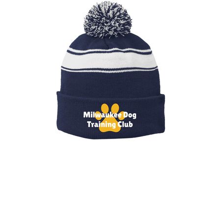 MDTC Striped Beanie, a True Navy/ White Printed Stripe Pom-Pom Beanie