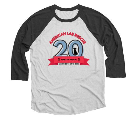 Celebrate 20 Years of Rescue!, a Black and Heather White 3/4 Sleeve Baseball Tee