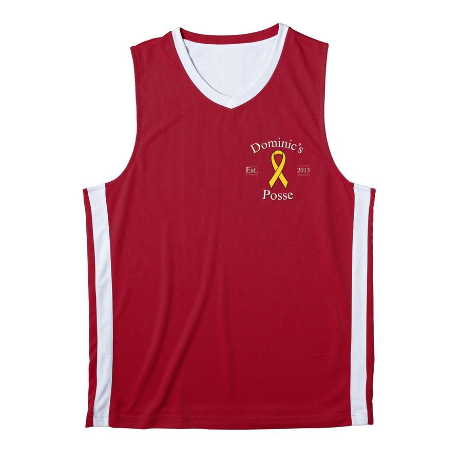 Dominic's Posse 2026 Merch, a Deep Red/ White Reversible Basketball Jersey