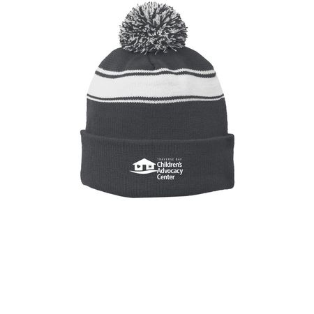 TBCAC Winter Hats, a Iron Grey/ White Printed Stripe Pom-Pom Beanie