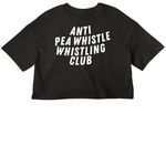 Roller Derby: Anti Pea Whistle Whistling Club, a Black Women?s Cropped Cotton Tee (back-view)