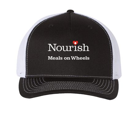 Volunteers are the Heart of Nourish (Dark), a Black/ White Printed Five-Panel Trucker Cap