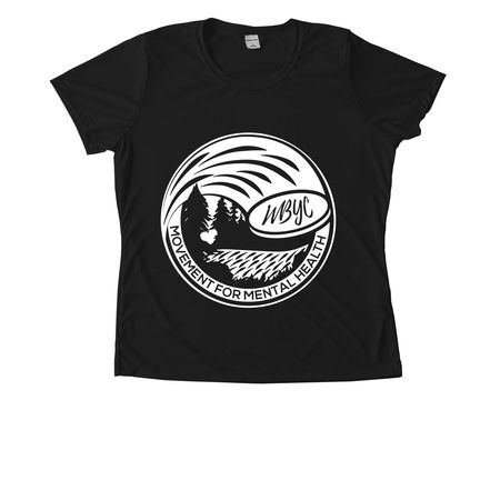 White Frisbee Logo, a Black Women's Performance Tee