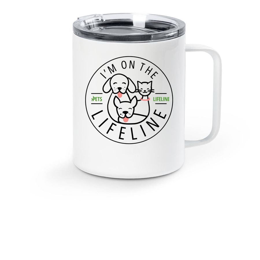 On the Lifeline Travel Mug, a White Stainless Steel Travel Mug