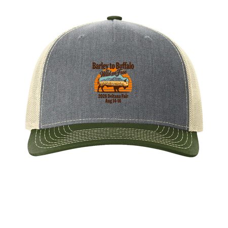 2026 Deltana Fair Hats, a Heather Grey/ Birch/ Army Olive Printed Five-Panel Trucker Cap