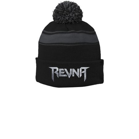 Beanies, a Black/ Iron Grey Printed Stripe Pom-Pom Beanie