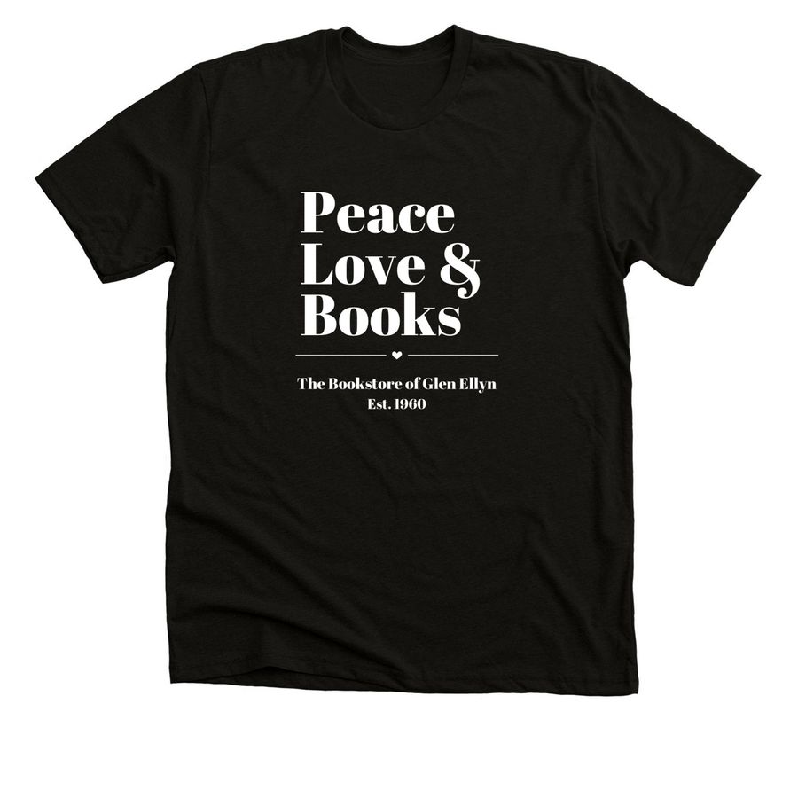 Peace, Love, Books Small Heart White, a Solid Black Blend Premium Unisex Tee