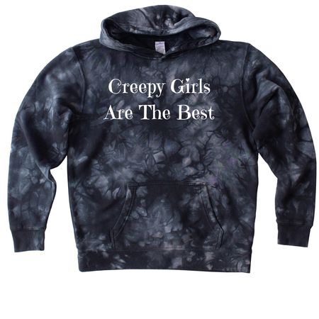 Creepy Girls (White Lettering), a Black Youth Tie Dye Pullover Hoodie