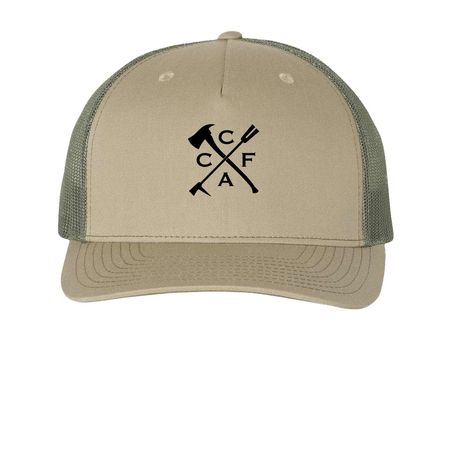 2026 CCFA hats, a Pale Khaki/ Loden Green Printed Five-Panel Trucker Cap