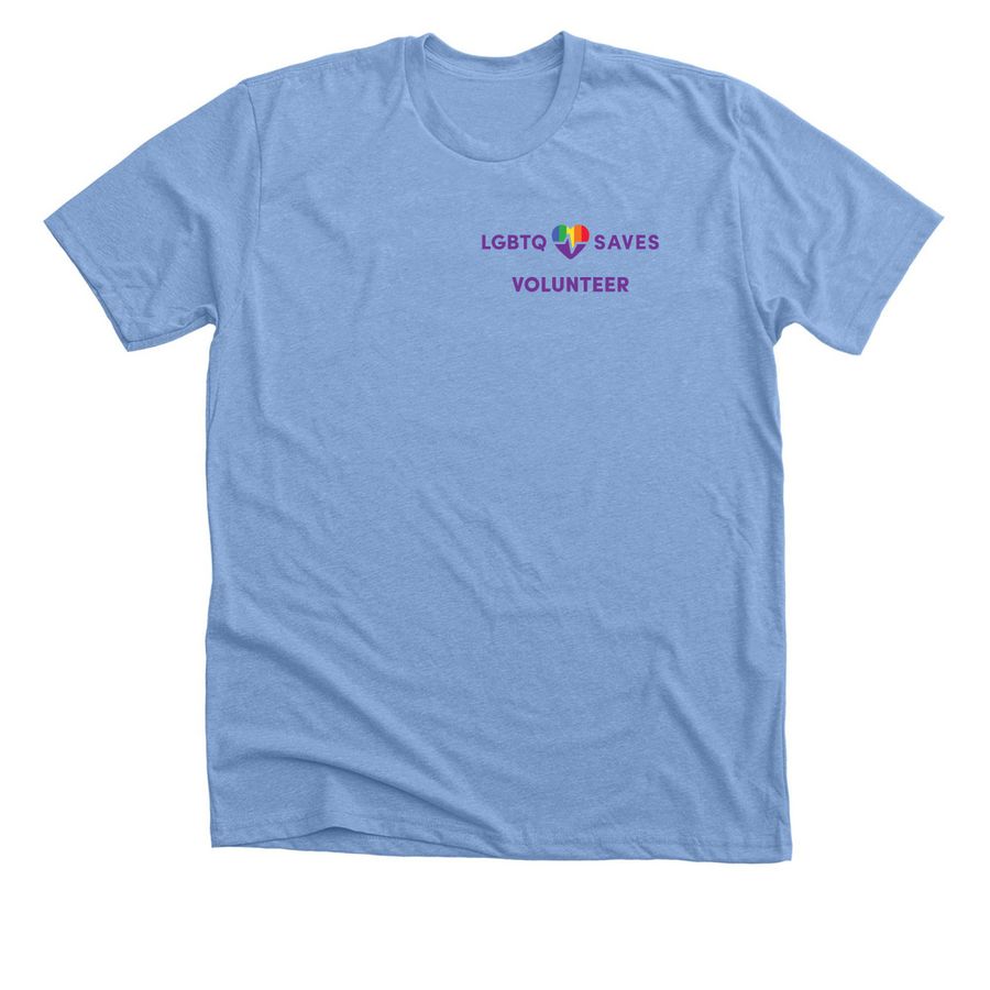 LGBTQ SAVES Volunteer Shirt, a Heather Carolina Blue Premium Unisex Tee
