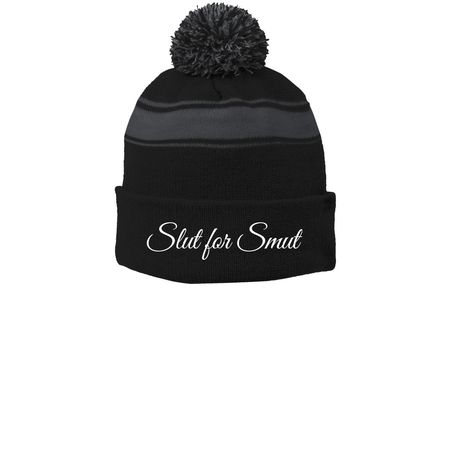 Beanies, a Black/ Iron Grey Printed Stripe Pom-Pom Beanie
