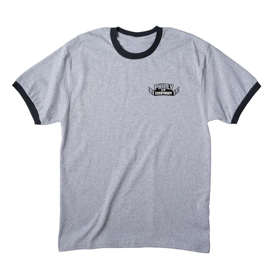 Philly vs Everybody (corner logo), a Athletic Heather/ Jet Black Cotton Ringer Tee