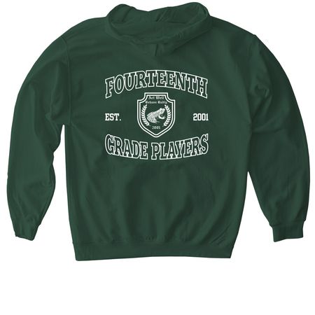 Fourteenth Varsity Hoodie, a Forest Green Softstyle Pullover Hoodie (back-view)