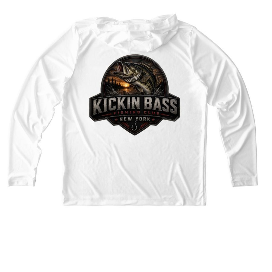 ? KICKIN BASS, a White UV Performance Long Sleeve Hoodie