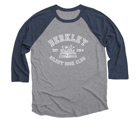 Berkley Silent Book Club University Logo WHT, a Vintage Navy and Premium Heather 3/4 Sleeve Baseball Tee