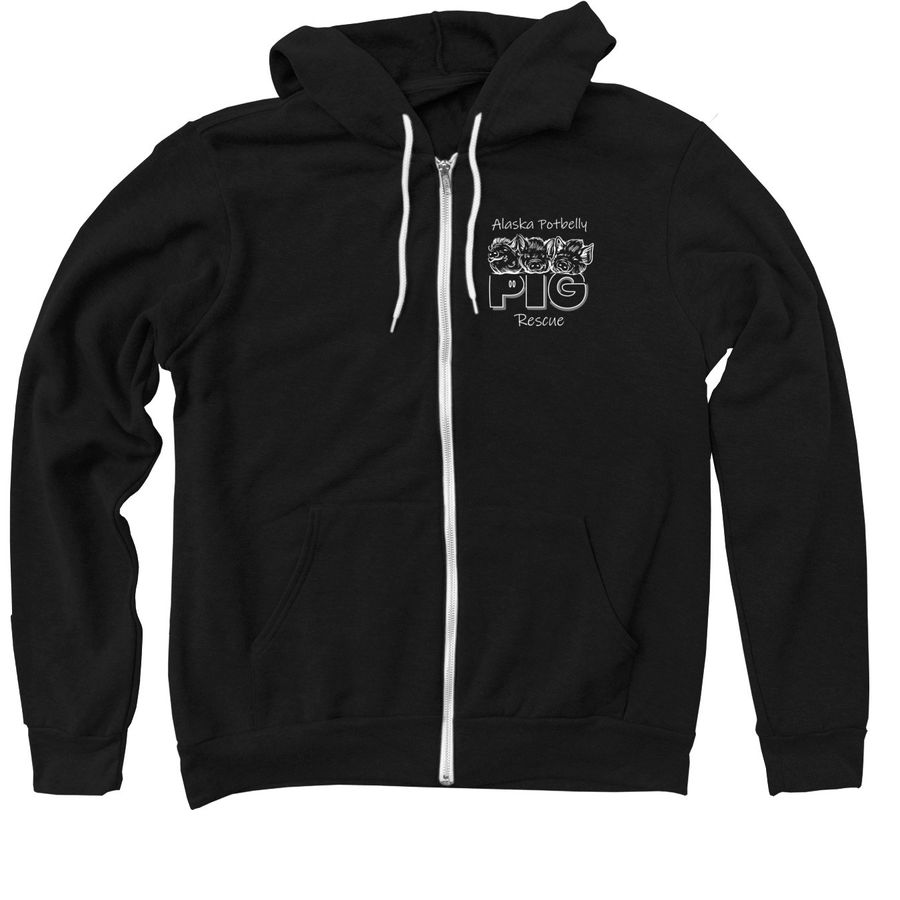 Alaska Potbelly Pig Rescue Zip-Up Hoodies, a Black Zip Up Hoodie