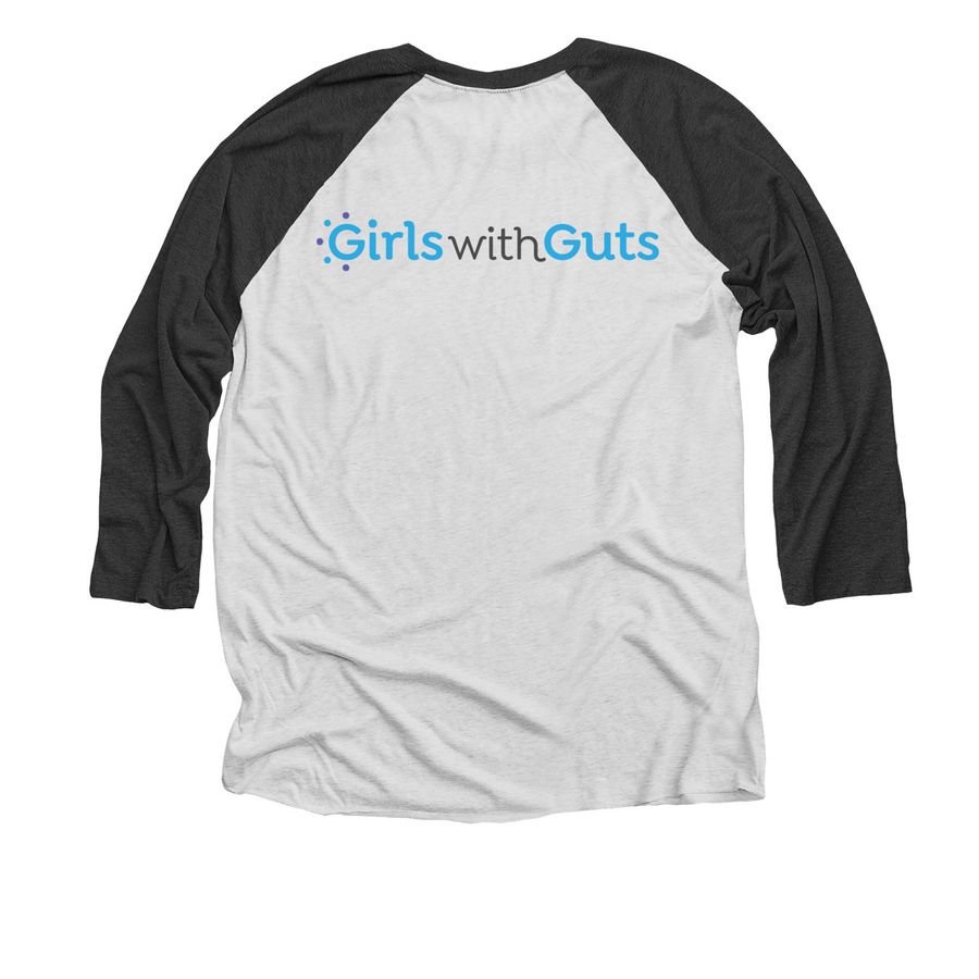 Girls With Guts Logo Tops, a Black and Heather White 3/4 Sleeve Baseball Tee (back-view)