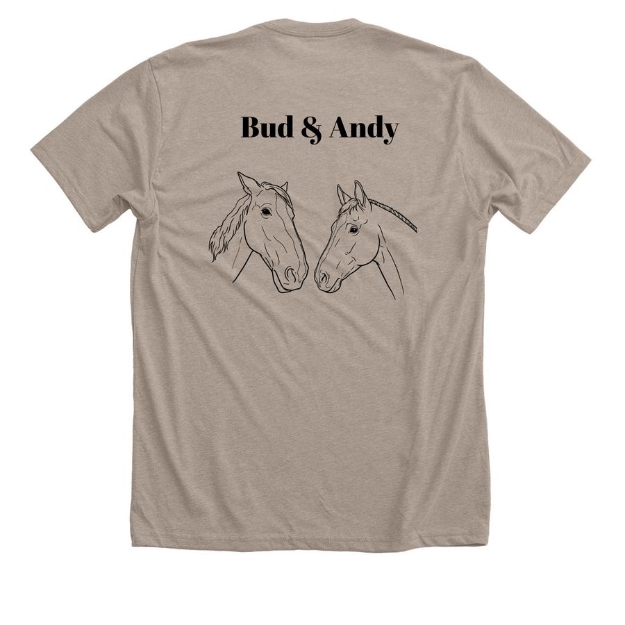 Bud & Andy, a Heather Stone Premium Unisex Tee (back-view)