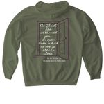 Open Doors, a Military Green Gildan Softstyle Pullover Hoodie (back-view)