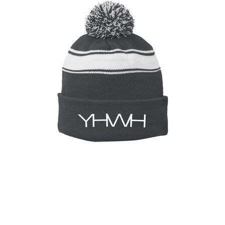 YHWY, a Iron Grey/ White Printed Stripe Pom-Pom Beanie