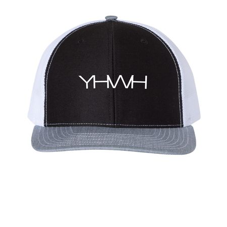 YHWY, a Black/ White/ Heather Grey Printed Snapback Trucker Cap
