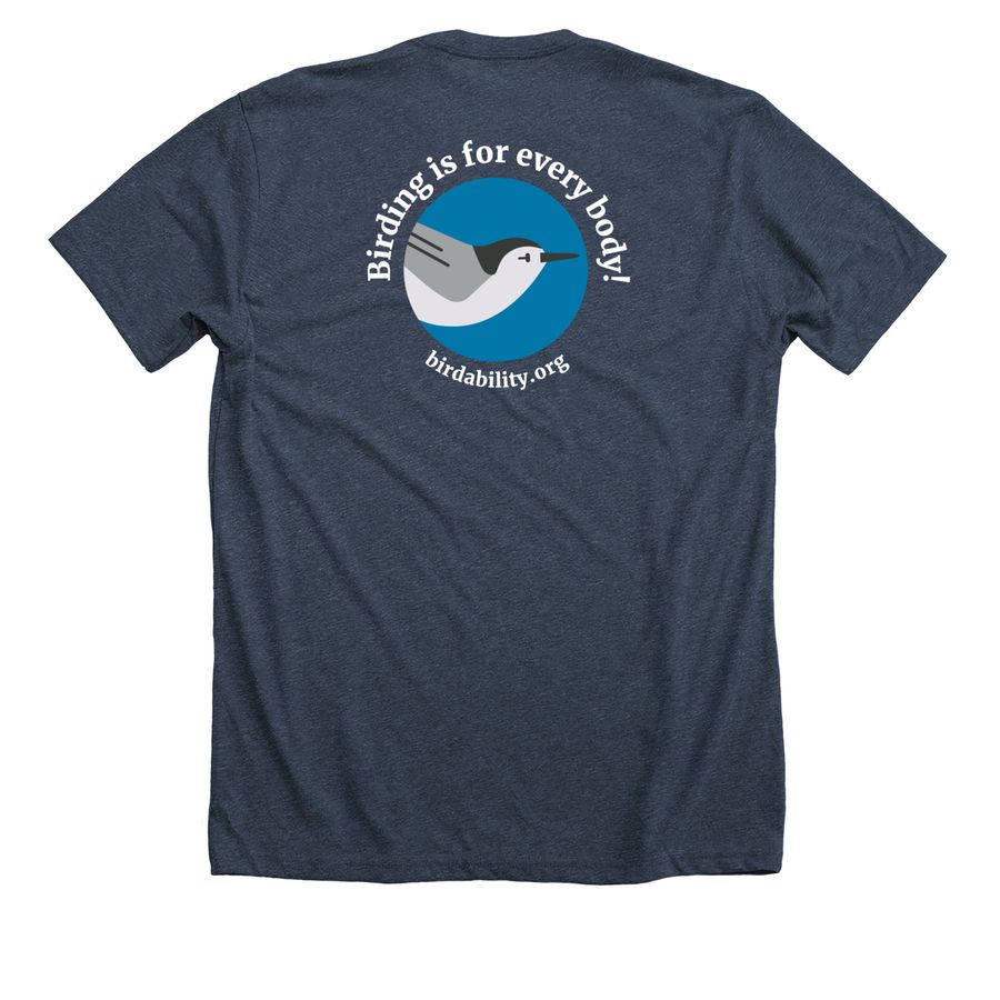 Birdability: birding is for every body!, a Heather Midnight Navy Premium Unisex Tee (back-view)