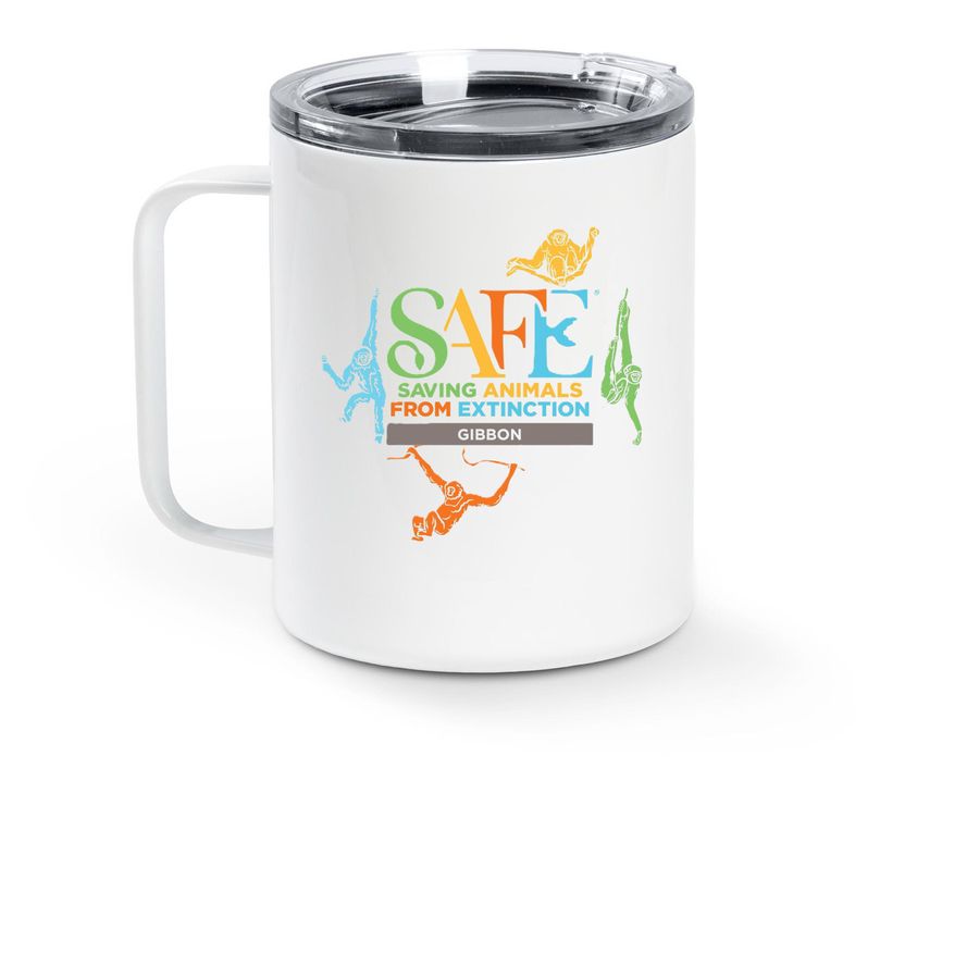 SAFE Gibbon - Travel Mug, a White Stainless Steel Travel Mug (back-view)
