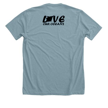 Love Our Oceans, a Heather Blue Lagoon Premium Unisex Tee (back-view)