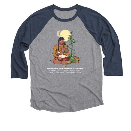 Support Indigenous Milk Medicine Week 2025!, a Vintage Navy and Premium Heather 3/4 Sleeve Baseball Tee