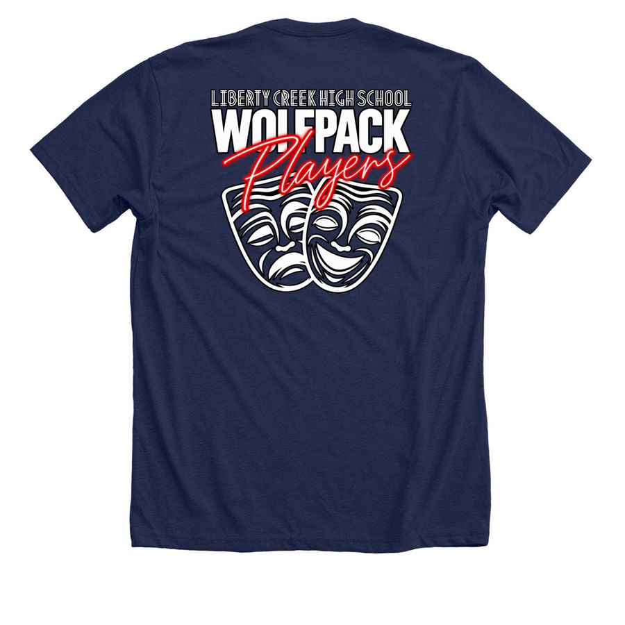 LIBERTY CREEK HIGH SCHOOL WOLFPACK PLAYERS, a Solid Navy Blend Premium Unisex Tee (back-view)