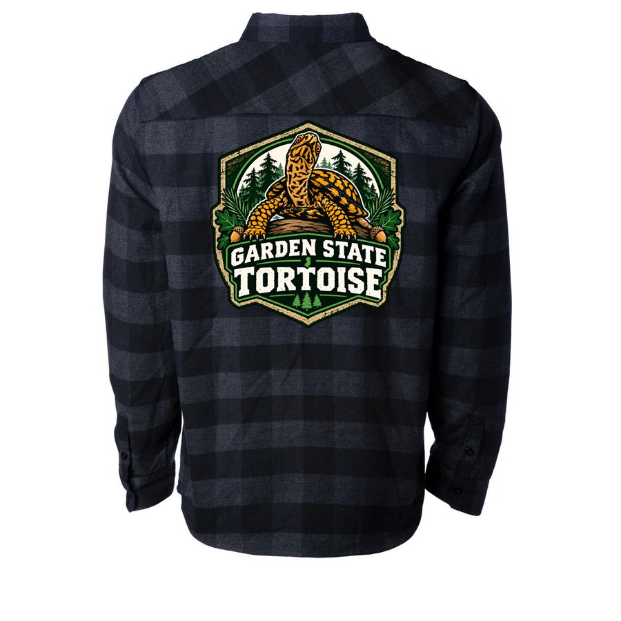 Garden State Tortoise Shield, a Charcoal Heather/ Black Unisex Flannel Shirt (back-view)