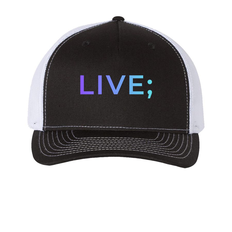 LIVE; Hat&nbsp;, a Black/ White Printed Five-Panel Trucker Cap