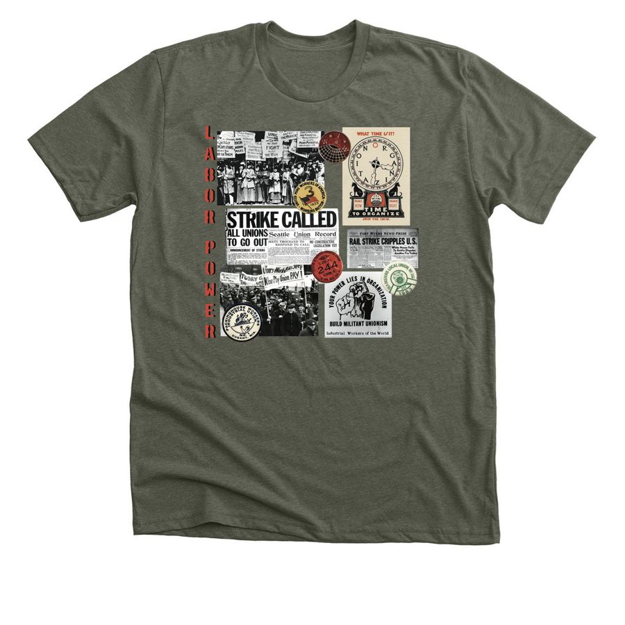 Labor Union History Collage Top, a Heather Military Green Premium Unisex Tee