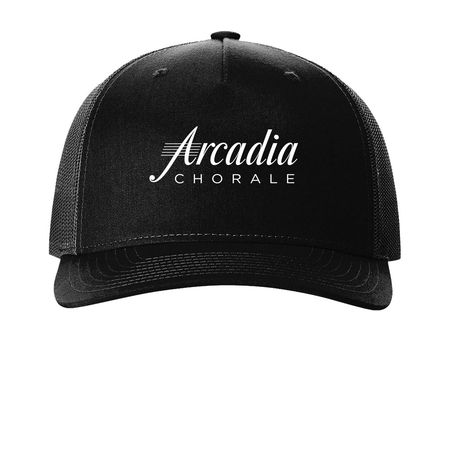 Arcadia Cap, a Black Printed Five-Panel Trucker Cap