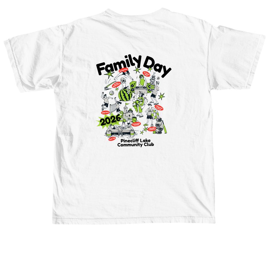 Pinecliff Lake Family Day 2026, a White Comfort Colors Unisex Tee (back-view)
