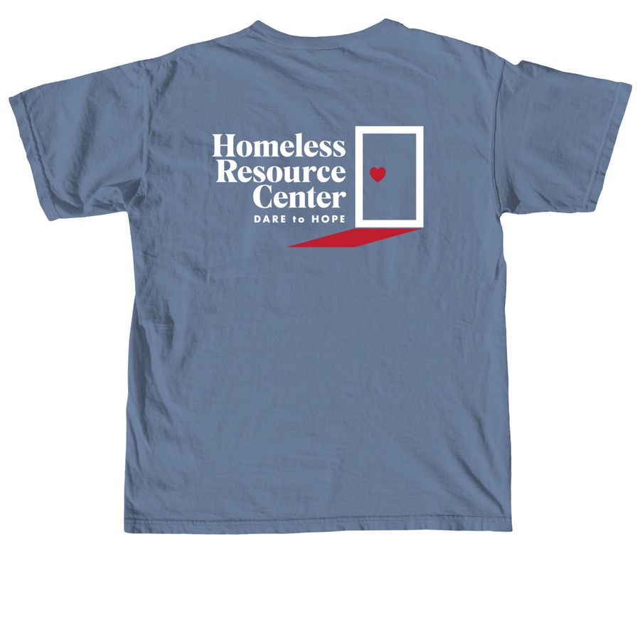 Blue HRC shirt with the open door and heart logo printed large on the back