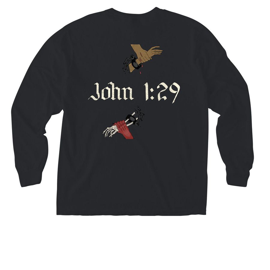 Behold John 1:29 Pocket Tee's, a Black Comfort Colors Long Sleeve Pocket Tee (back-view)