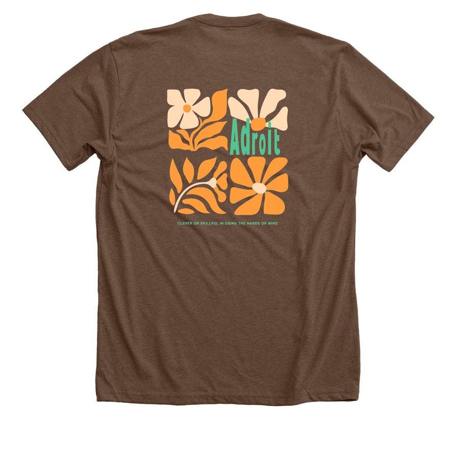 Adroit in Bloom (BACK DESIGN), a Heather Brown Premium Unisex Tee (back-view)