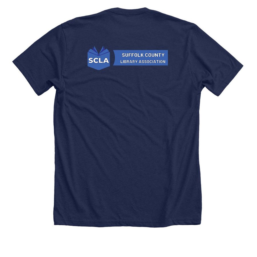 "Libraries are Lifelines", a Solid Navy Blend Premium Unisex Tee (back-view)