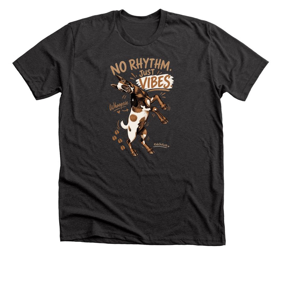No Rhythm. Just Vibes. Whoopsie Tee, a Dark Grey Heather Premium Unisex Tee