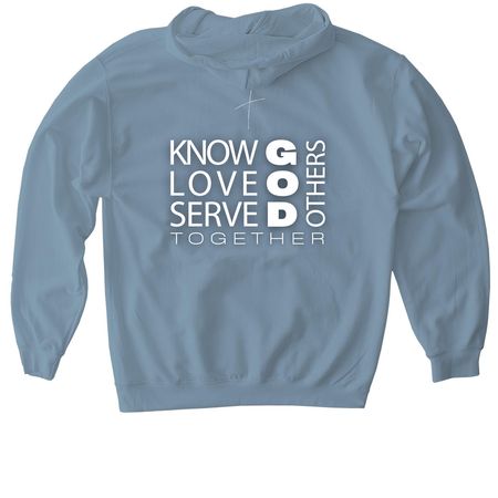 Outreach Hoodie -&nbsp;"Know, Love, Serve", a Stone Blue Gildan Softstyle Pullover Hoodie