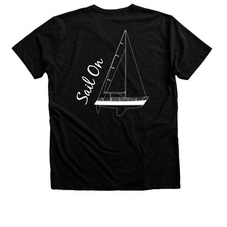 Front and back, dark color shirts, a Black Heather Premium Unisex Tee (back-view)