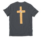 Job 33:28 Flower Cross, a Terrain Grey Allmade Organic Cotton Unisex Tee (back-view)