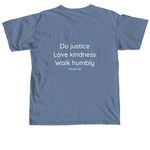 CPC logo front / Micah 6:8 back, a Blue Jean Comfort Colors Unisex Tee (back-view)