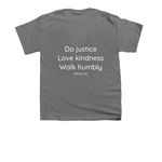 CPC logo front / Micah 6:8 back, a Charcoal Youth Unisex Tee (back-view)