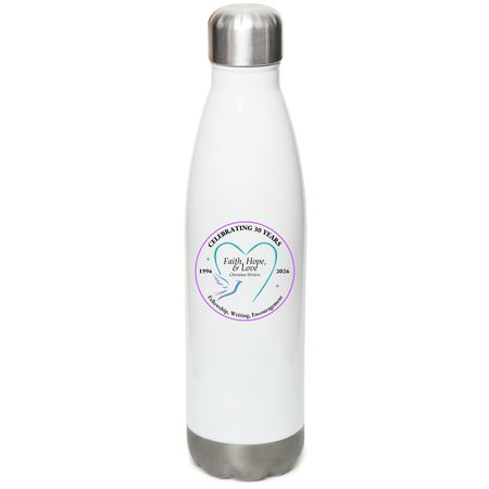 Celebrating 30 Yrs, Teal Logo, Water Bottle, a White Stainless Steel Water Bottle