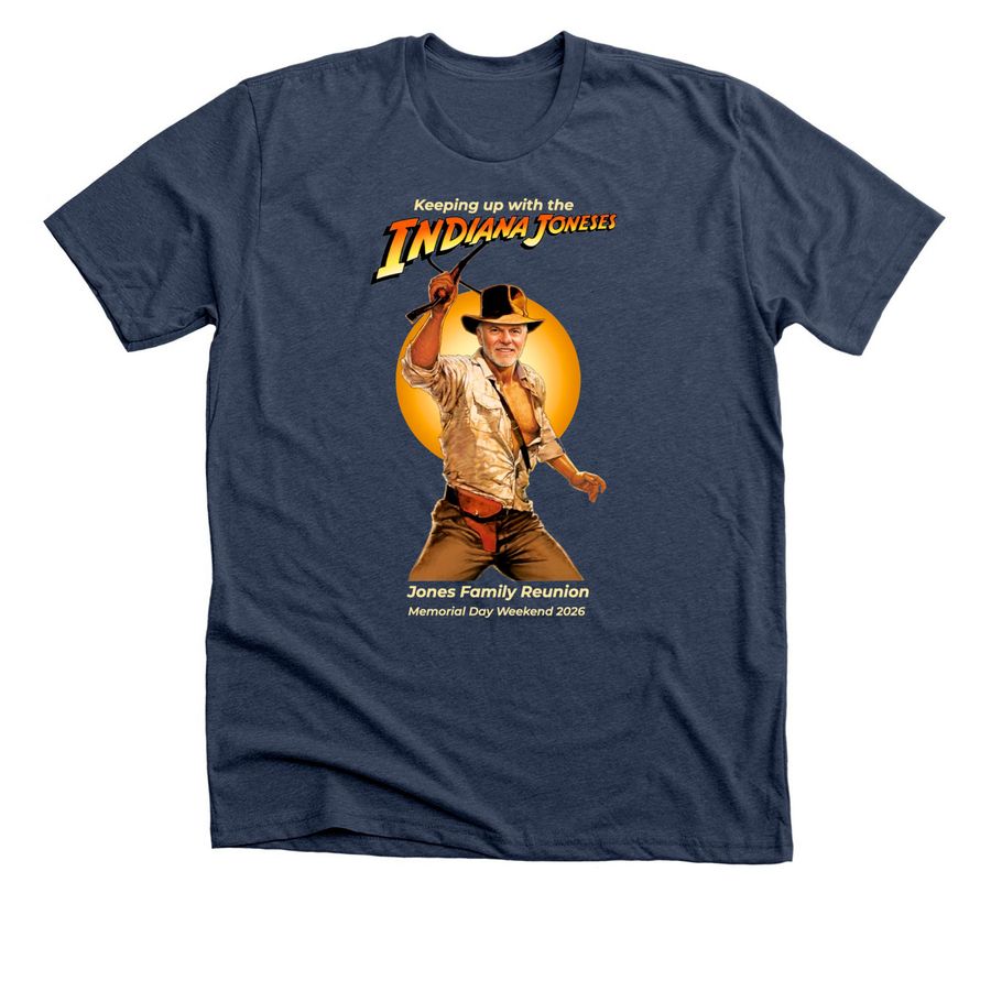 Keeping Up With The (Indiana) Joneses, a Heather Navy Premium Unisex Tee
