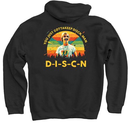 D-I-S-C-N, a Black Pullover Hoodie (back-view)