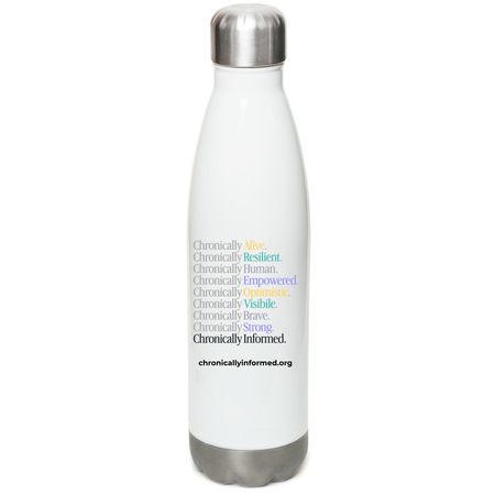 CI Water Bottle, a White Stainless Steel Water Bottle (back-view)