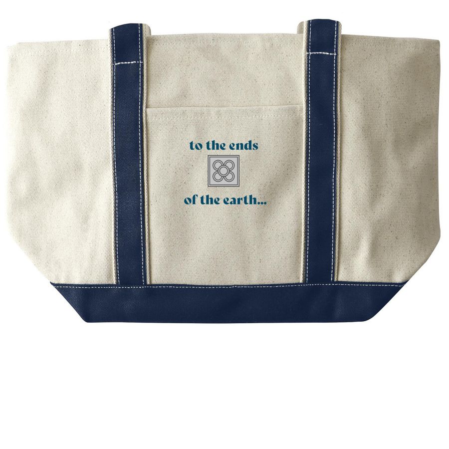to the ends of the earth... tote bag, a Natural/Navy Large Two-Tone Canvas Tote Bag